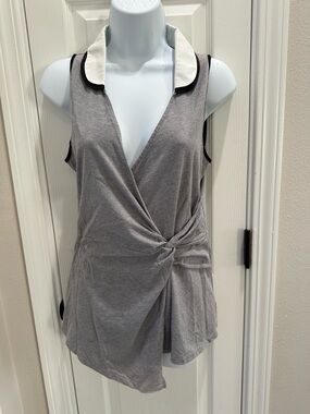 Sleeveless Gray Knot-Front Wrap Blouse with Contrast Collar